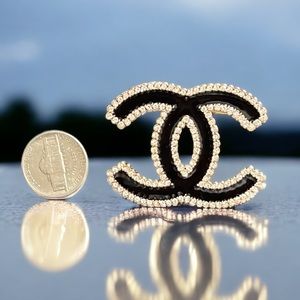 CHANEL Double C Gold , Crystals & Black Enamel Stunning Classic Brooch